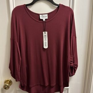 NEW: Olive + Oak Sundried Plum Dark Wine Buckle Gathered Sleeved Top Medium